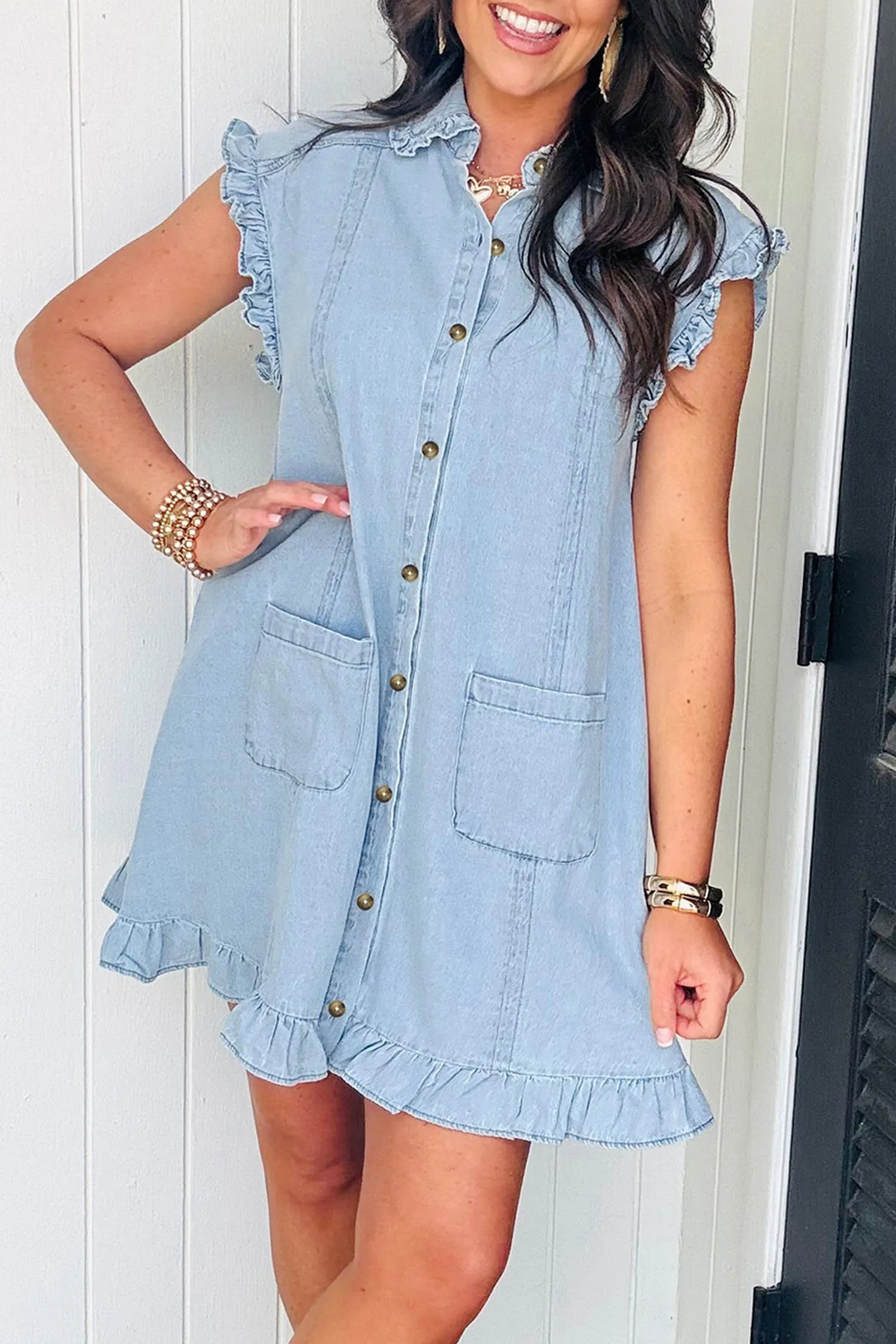 Blue Ruffled Edge Collared Shift Denim Dress with Pockets sold by Beagle Boutique