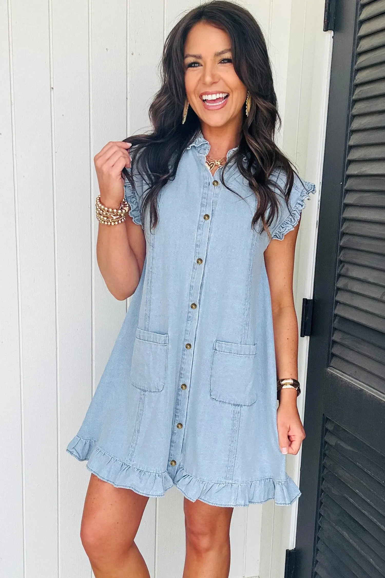 Blue Ruffled Edge Collared Shift Denim Dress with Pockets sold by Beagle Boutique product image thumbnail 4