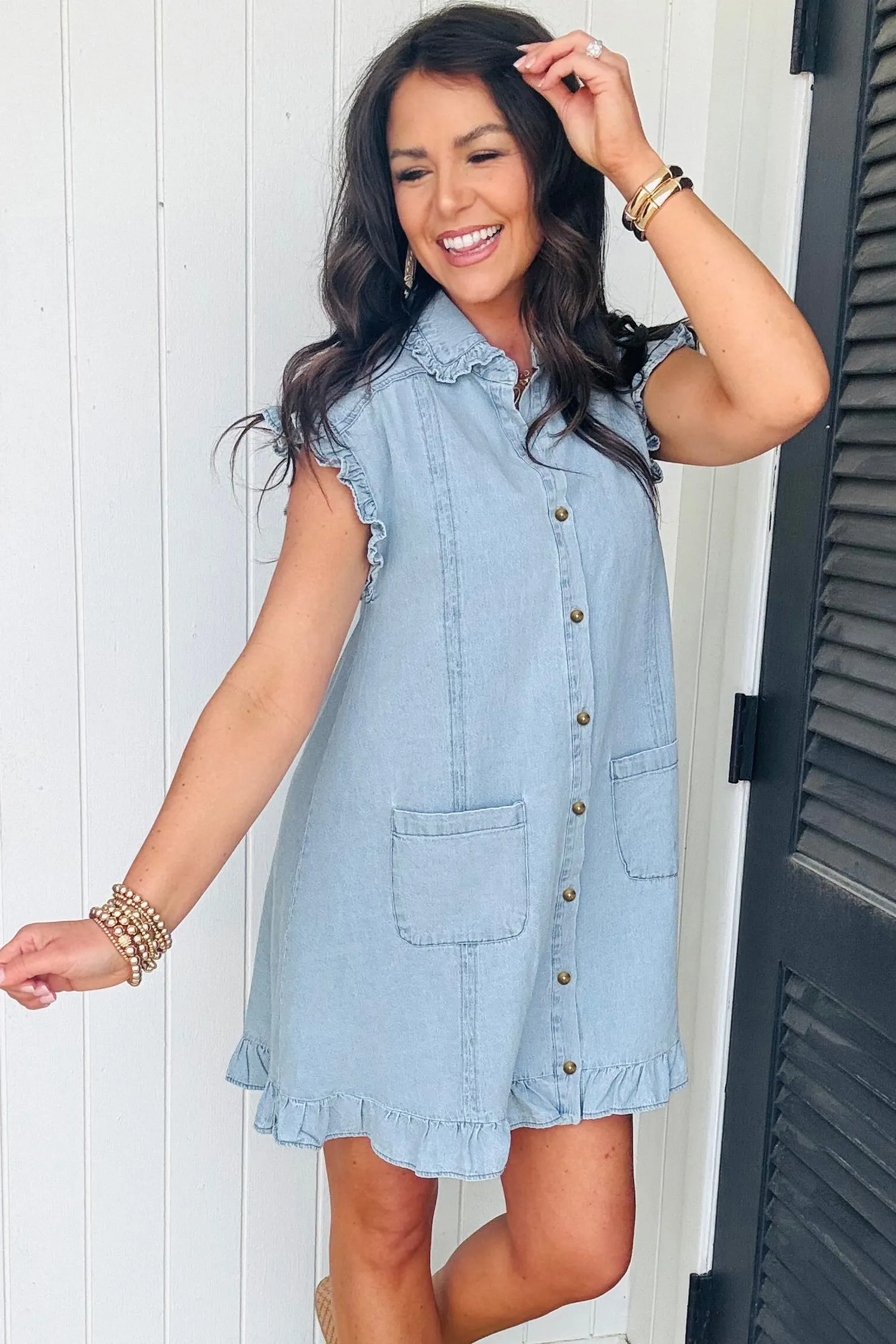 Blue Ruffled Edge Collared Shift Denim Dress with Pockets sold by Beagle Boutique product image thumbnail 3
