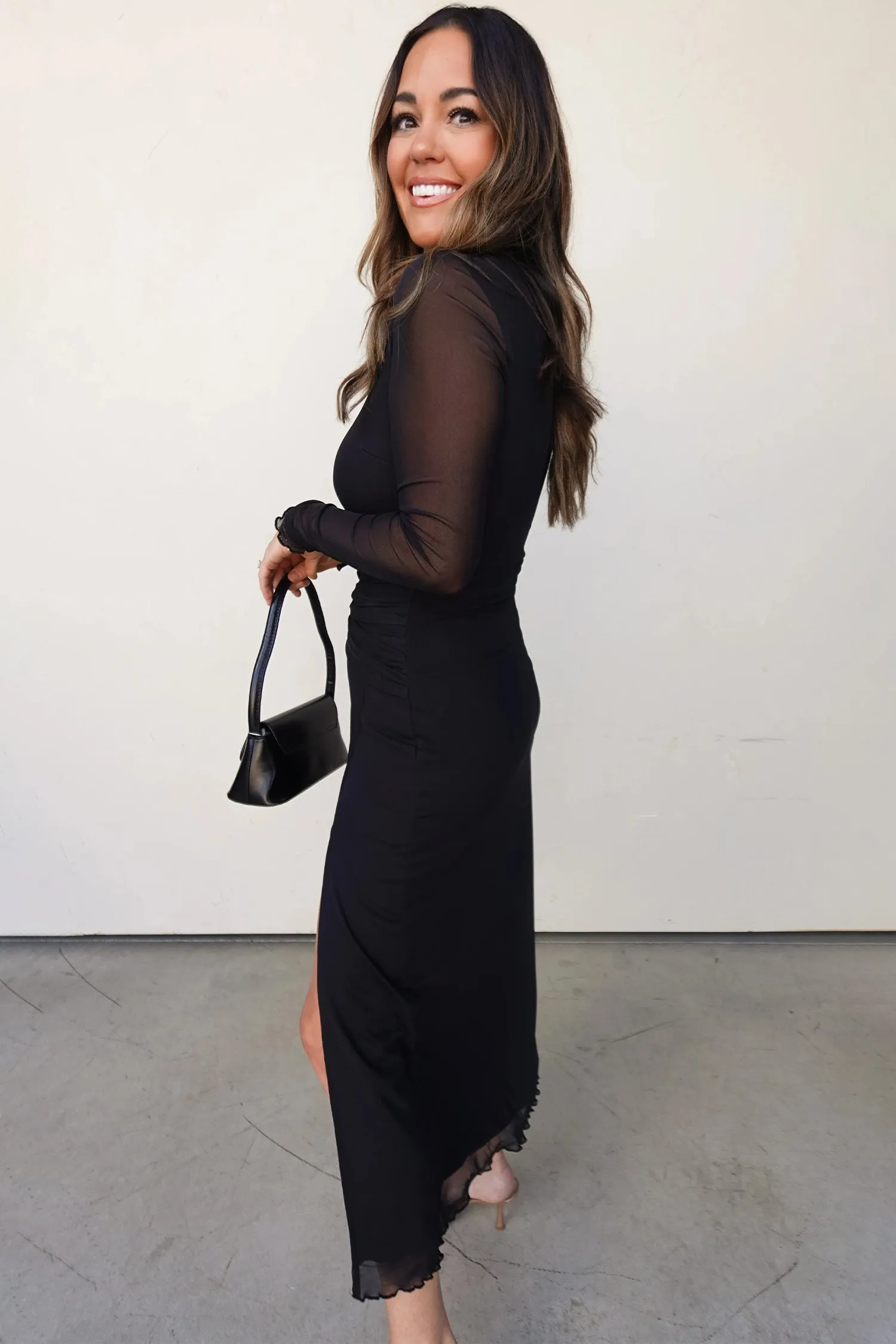 Black Sheer Mesh Long Sleeve Twisted Knot Side Slit Midi Dress sold by Beagle Boutique product image thumbnail 2