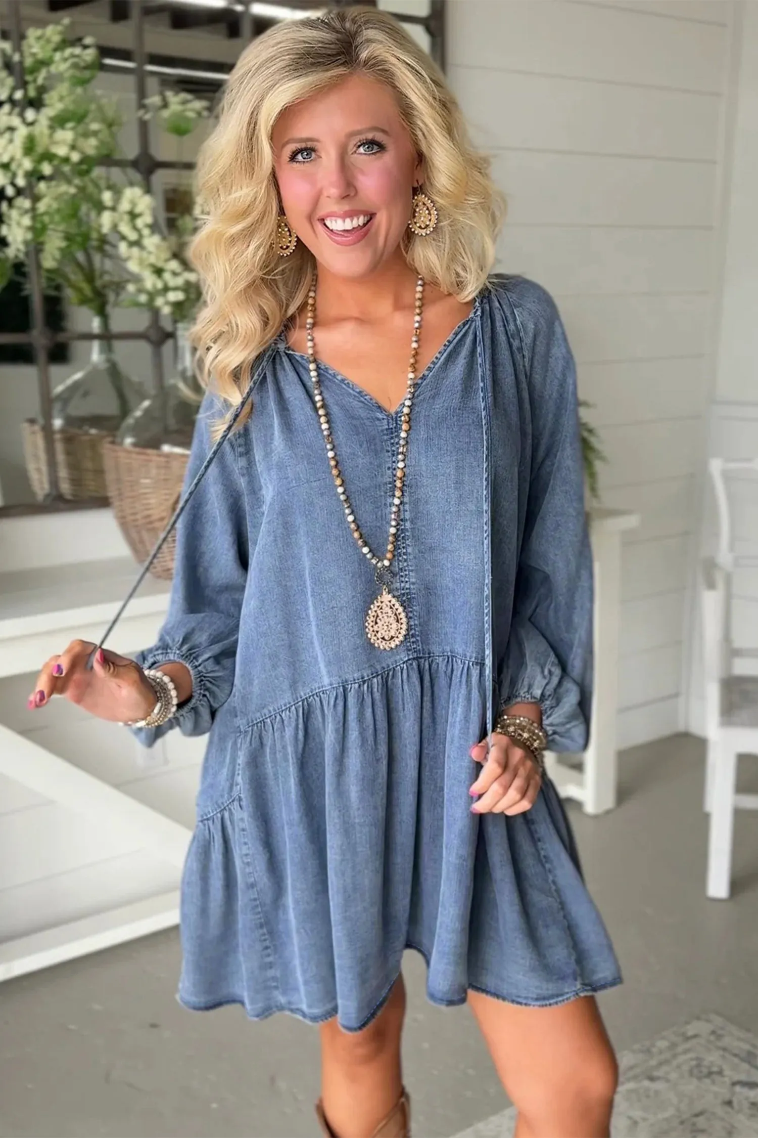 Puff Sleeve V-Neck Ruffled Loose Denim Mini Dress sold by Beagle Boutique product image thumbnail 5
