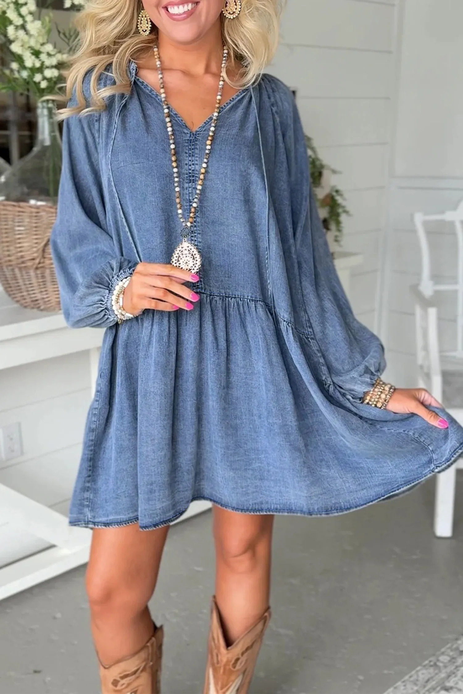 Puff Sleeve V-Neck Ruffled Loose Denim Mini Dress sold by Beagle Boutique
