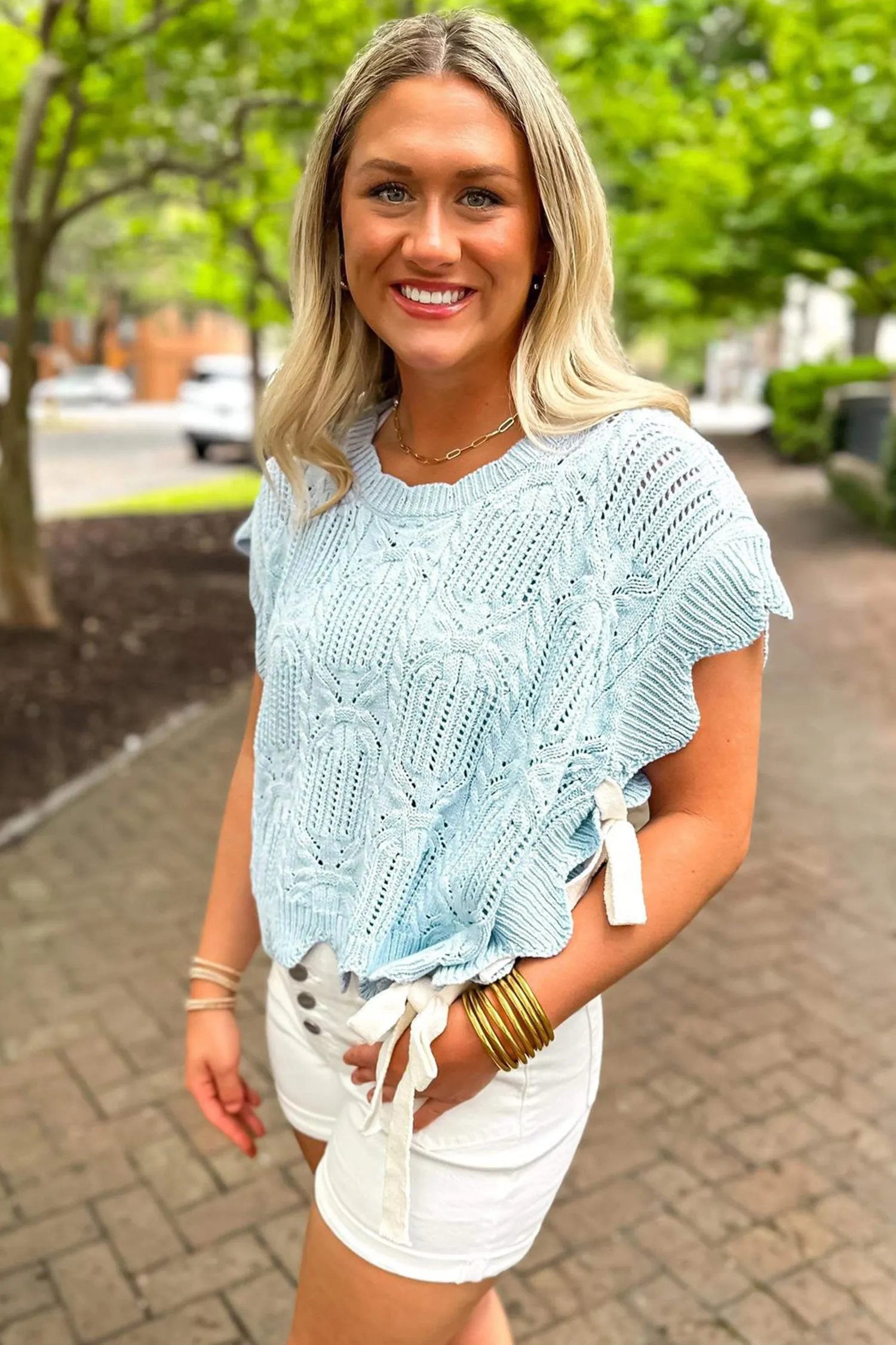 Pointelle Knit Patterned Scalloped Trim Short Sleeve Sweater sold by Beagle Boutique product image thumbnail 2