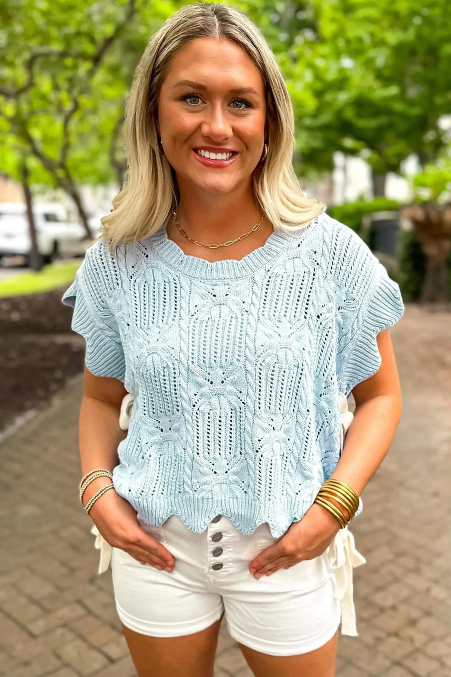 Pointelle Knit Patterned Scalloped Trim Short Sleeve Sweater sold by Beagle Boutique product image thumbnail 5