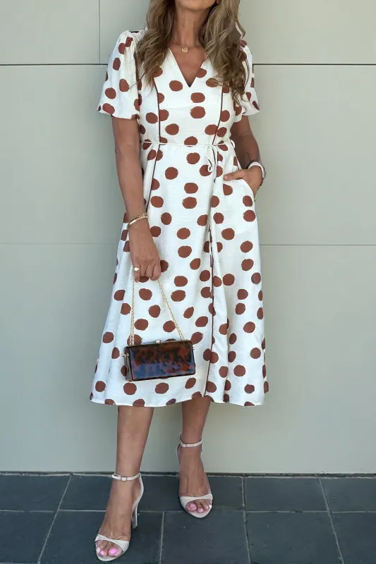 White Polka Dot Printed V-Neck Short Sleeve Tie Waist Midi Dress sold by Beagle Boutique