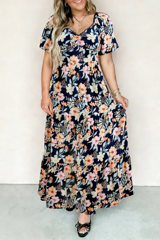 Short Sleeve Smocked Detail High Waist Floral Maxi Dress made by Beagle Boutique