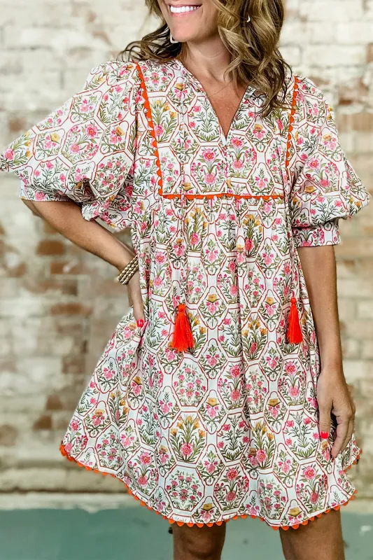Floral Print Tassel Tie V-Neck Scalloped Detail Loose Mini Dress sold by Beagle Boutique