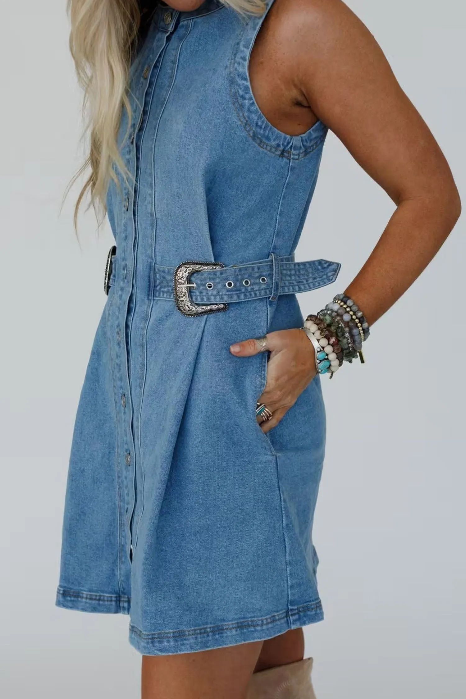 Western Belt Button Down Sleeveless Denim Short Dress sold by Beagle Boutique product image thumbnail 3