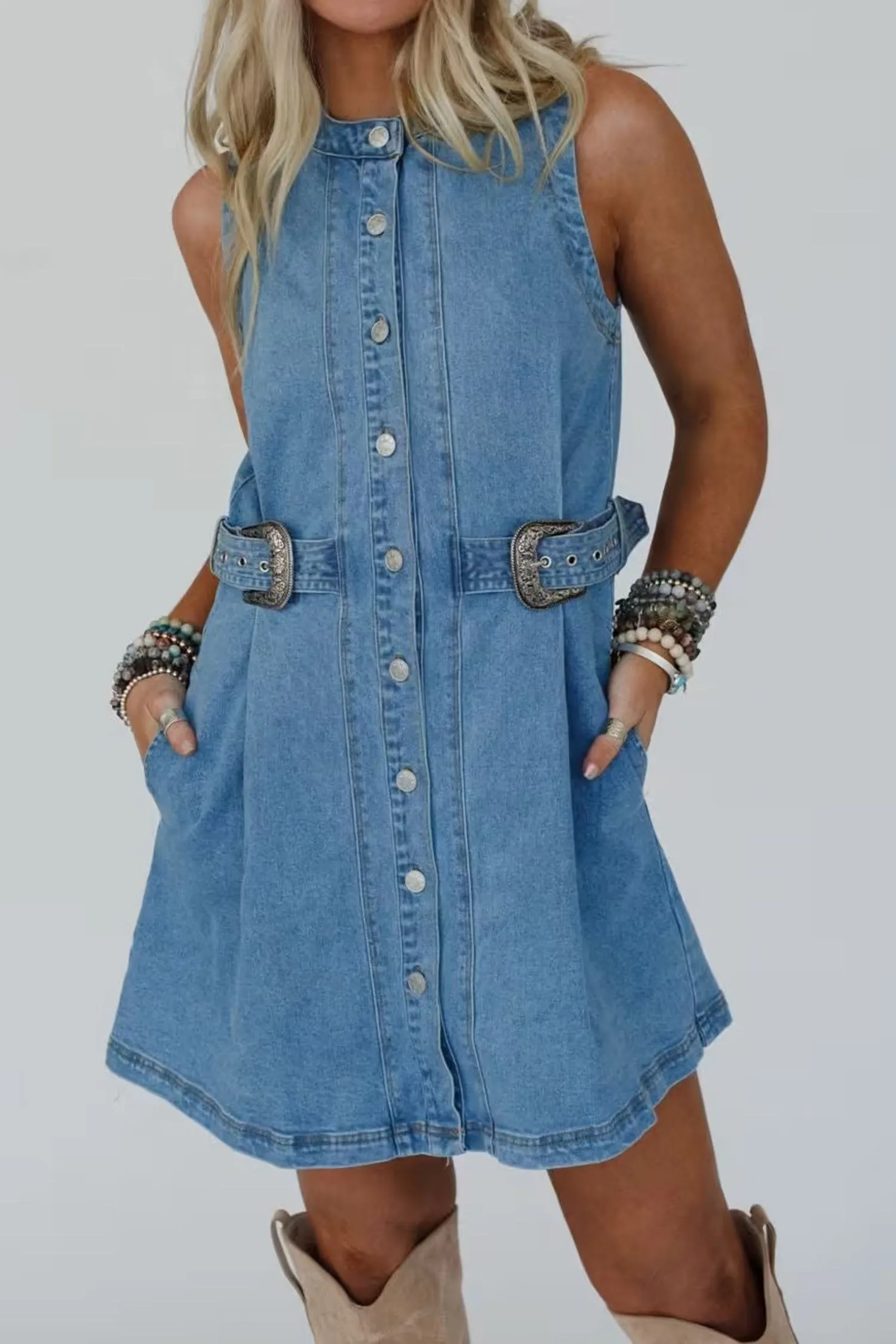 Western Belt Button Down Sleeveless Denim Short Dress sold by Beagle Boutique product image thumbnail 4
