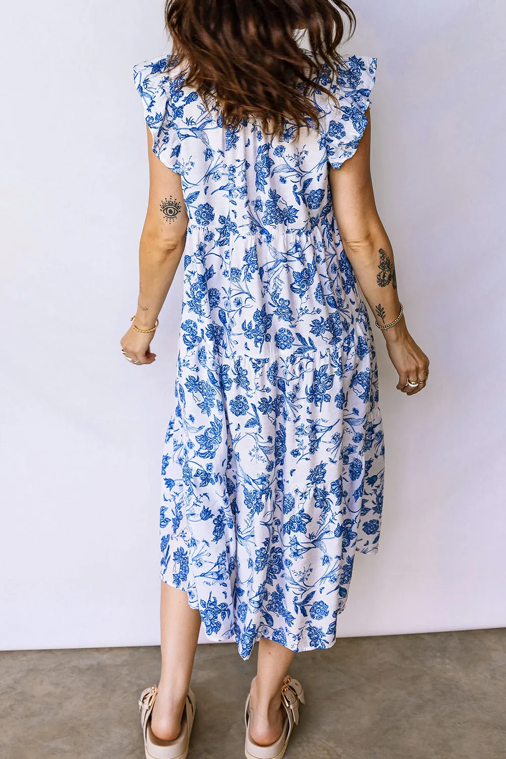 Blue Ruffled Short Sleeve Tiered Floral Midi Dress sold by Beagle Boutique product image thumbnail 3