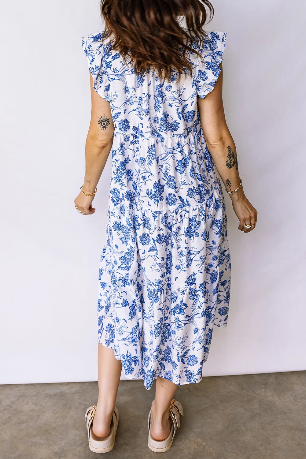 Blue Ruffled Short Sleeve Tiered Floral Midi Dress sold by Beagle Boutique product image thumbnail 4