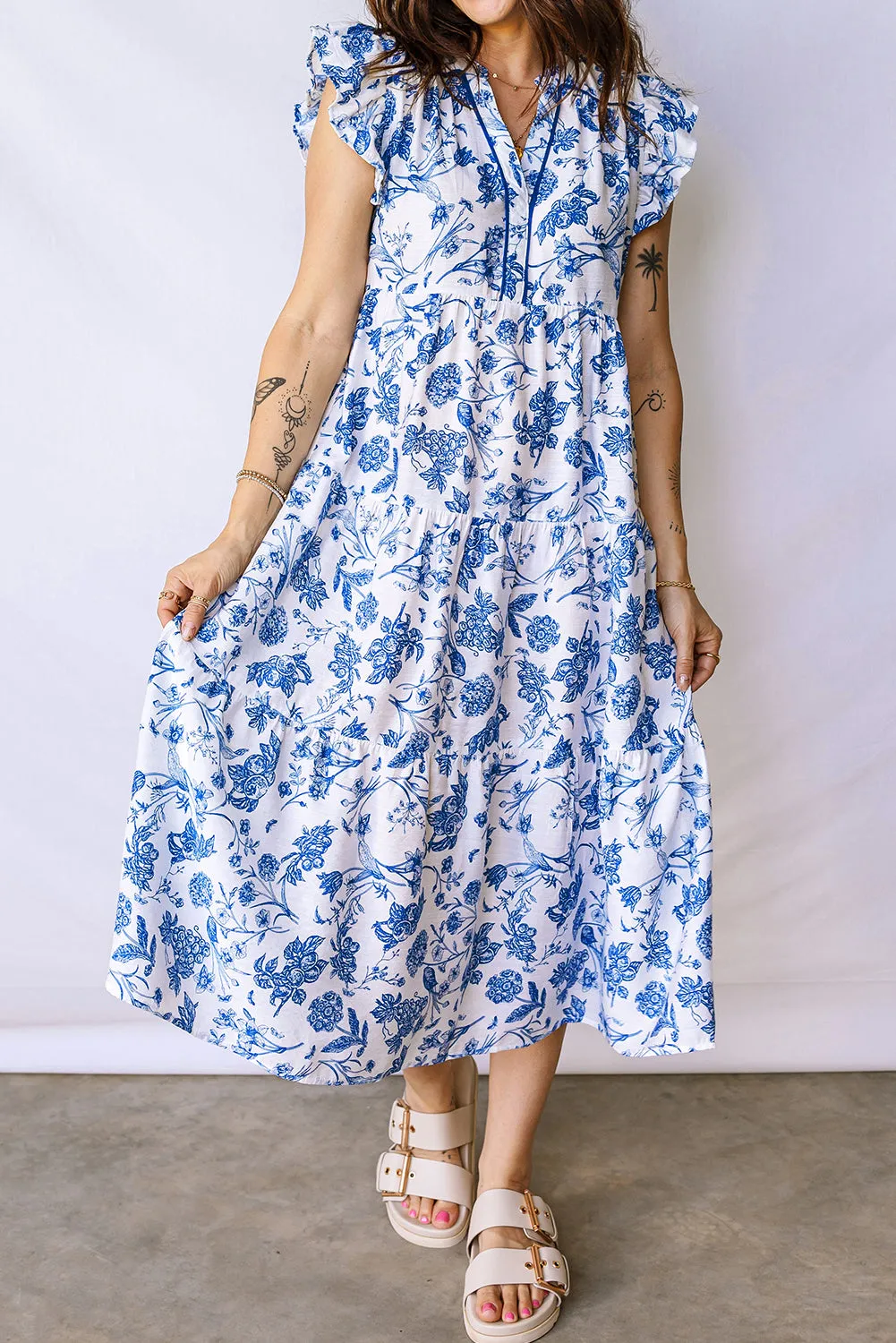 Blue Ruffled Short Sleeve Tiered Floral Midi Dress sold by Beagle Boutique product image thumbnail 2