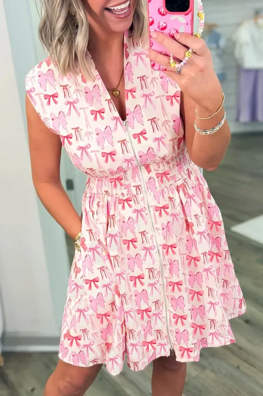 Pink Full Zip Cinched Waist Sleeveless Bow Mini Dress made by Beagle Boutique
