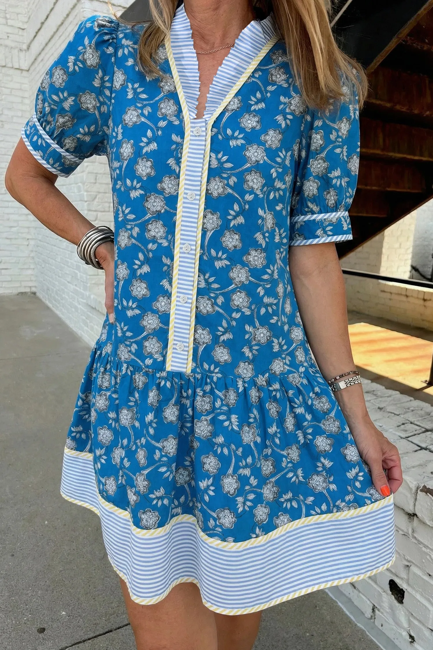 Striped Trim Half Buttons Short Sleeve Floral Dress sold by Beagle Boutique product image thumbnail 2