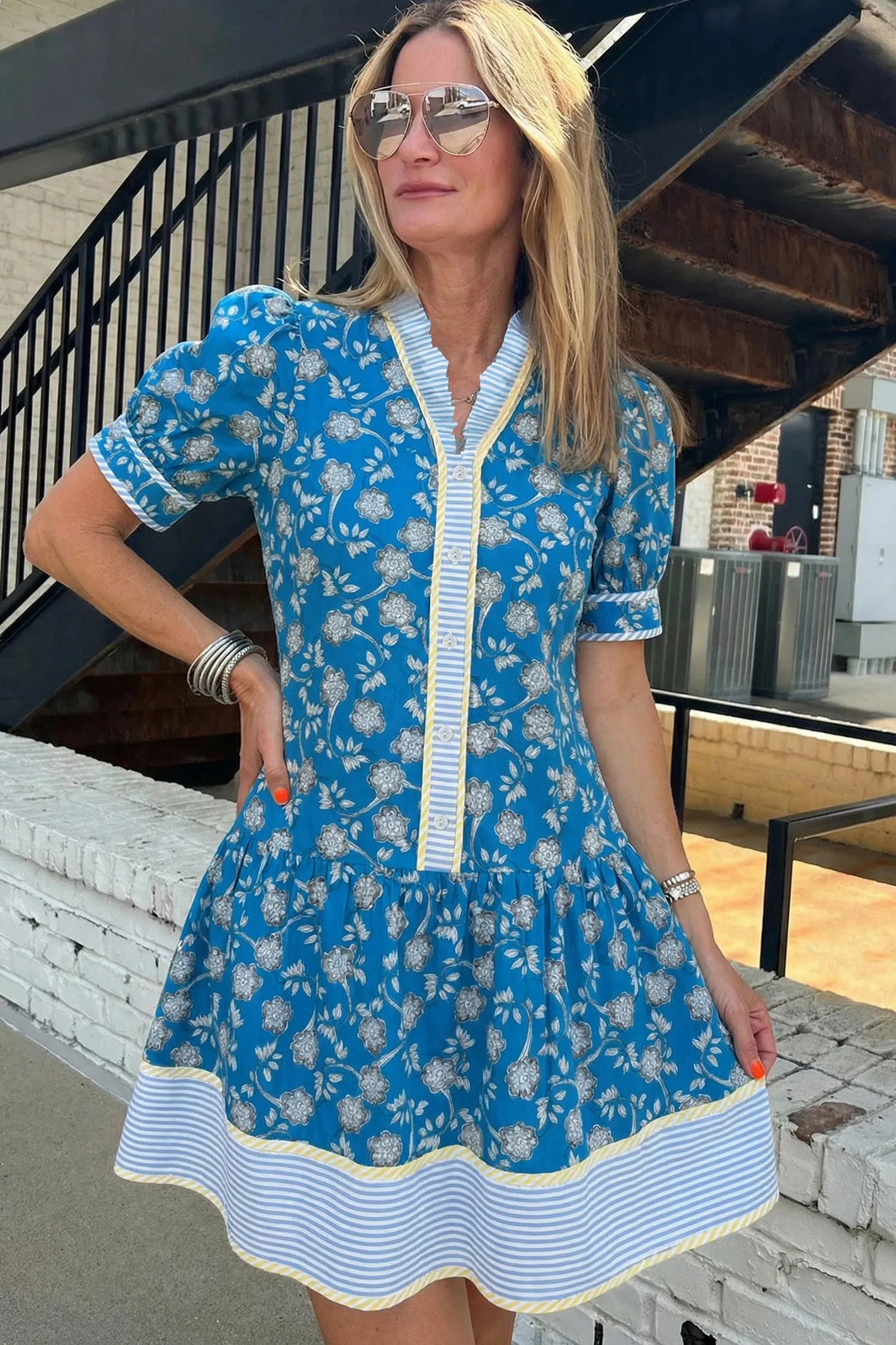 Striped Trim Half Buttons Short Sleeve Floral Dress sold by Beagle Boutique product image thumbnail 4