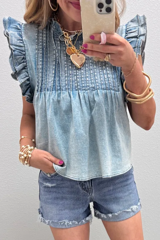 Ruffle Pleated Detail Vintage Washed Denim Top made by Beagle Boutique