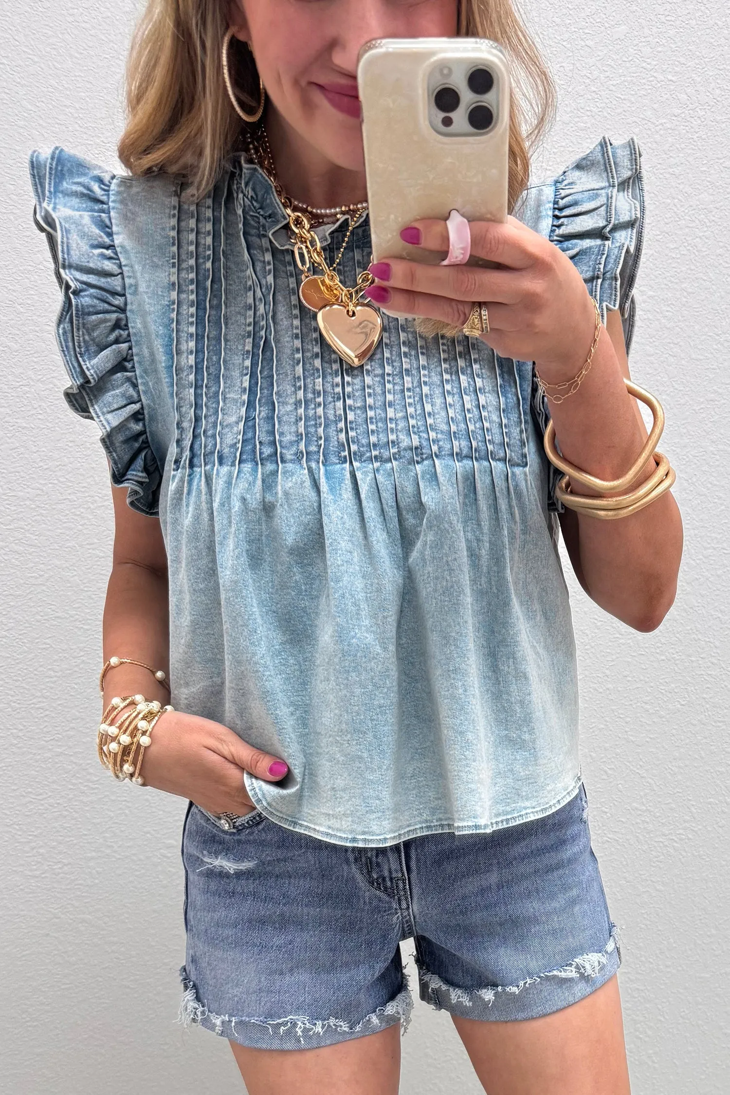 Ruffle Pleated Detail Vintage Washed Denim Top sold by Beagle Boutique product image thumbnail 4