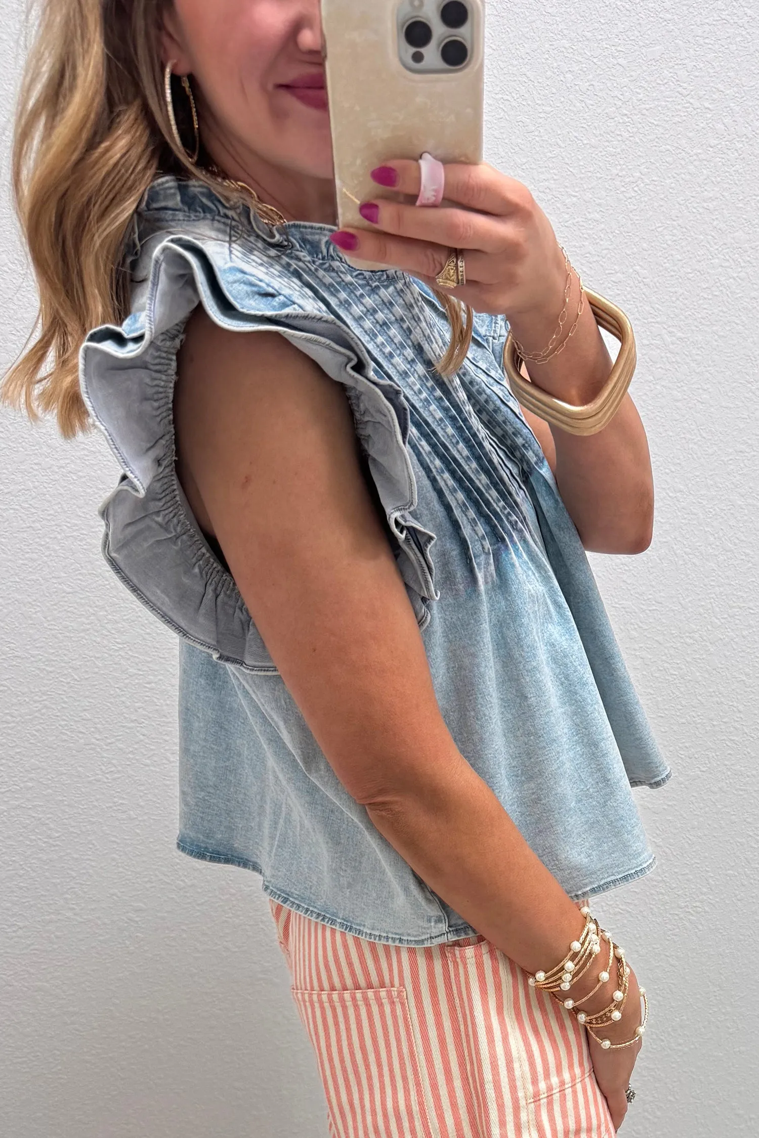 Ruffle Pleated Detail Vintage Washed Denim Top sold by Beagle Boutique product image thumbnail 3
