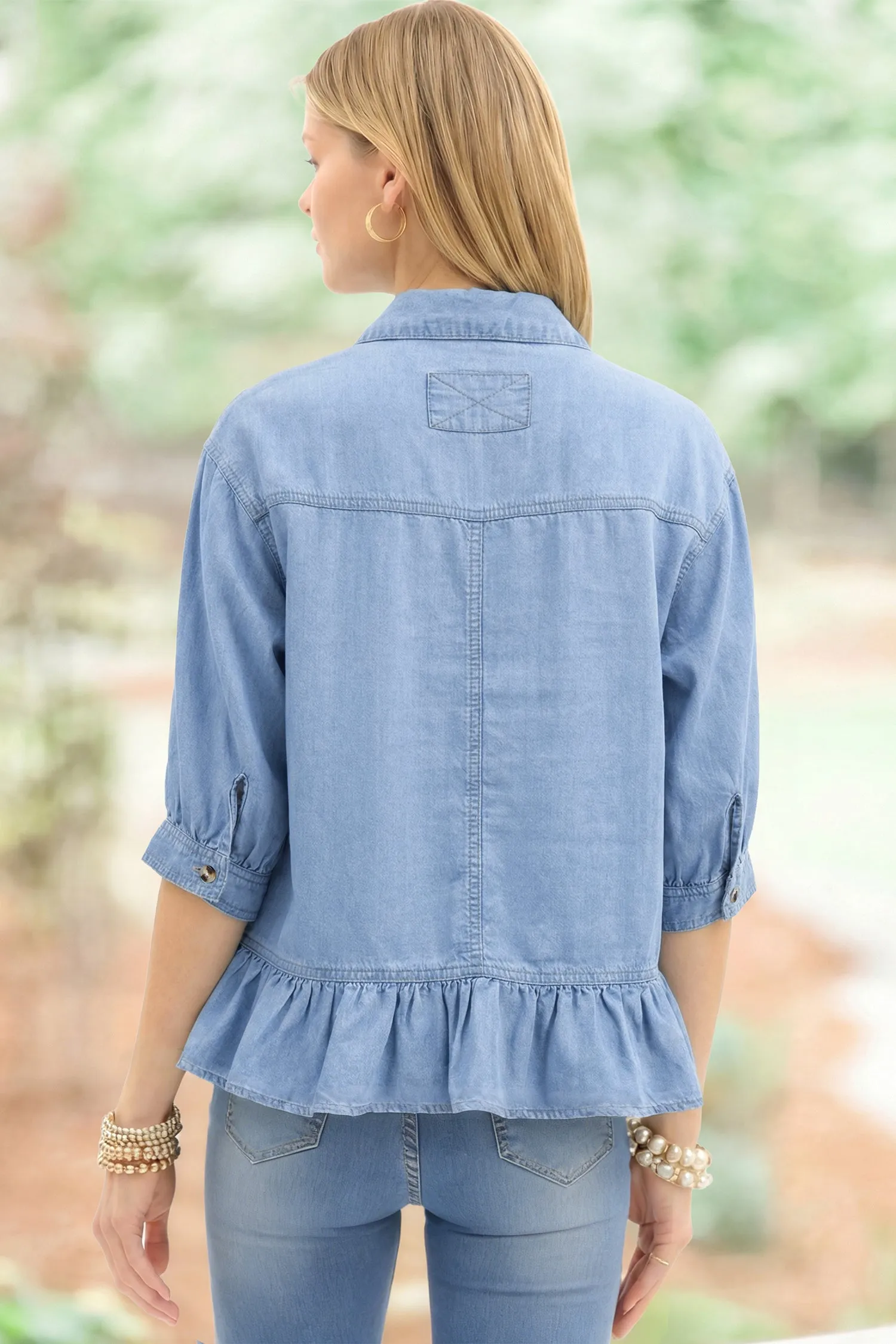 Half Sleeve Button Down Ruffled High Low Chambray Shirt sold by Beagle Boutique product image thumbnail 3