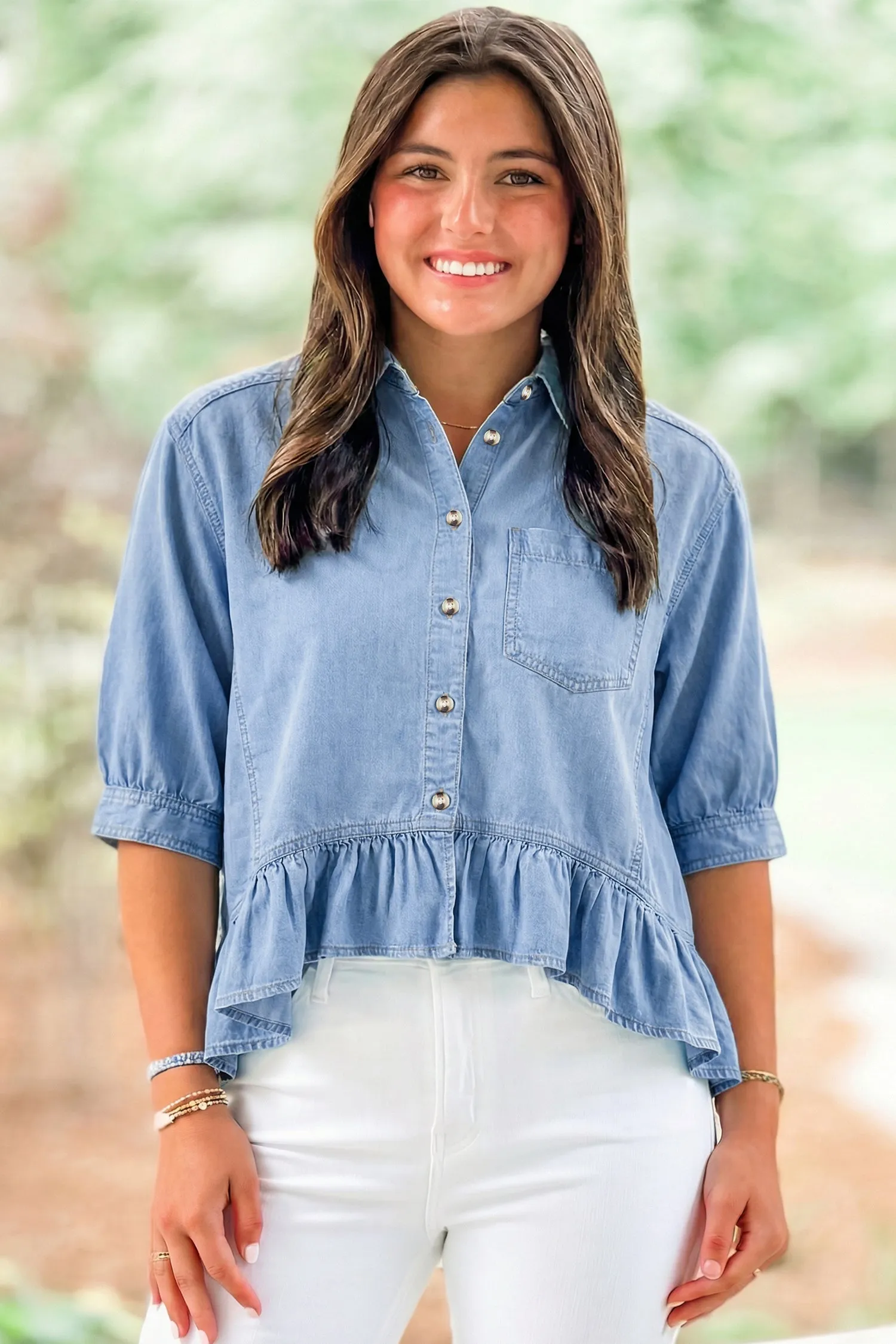 Half Sleeve Button Down Ruffled High Low Chambray Shirt sold by Beagle Boutique product image thumbnail 4