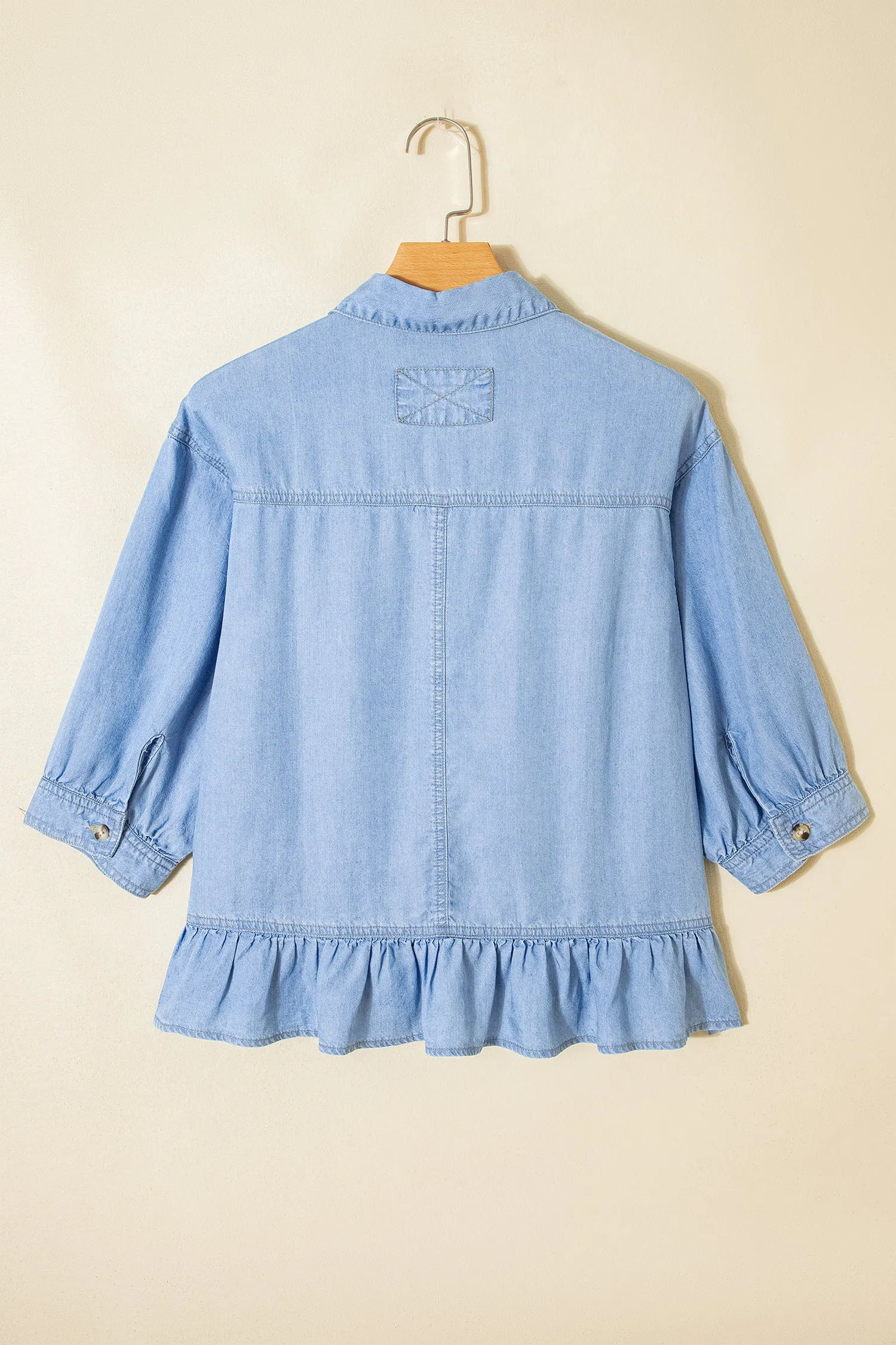 Half Sleeve Button Down Ruffled High Low Chambray Shirt sold by Beagle Boutique product image thumbnail 5