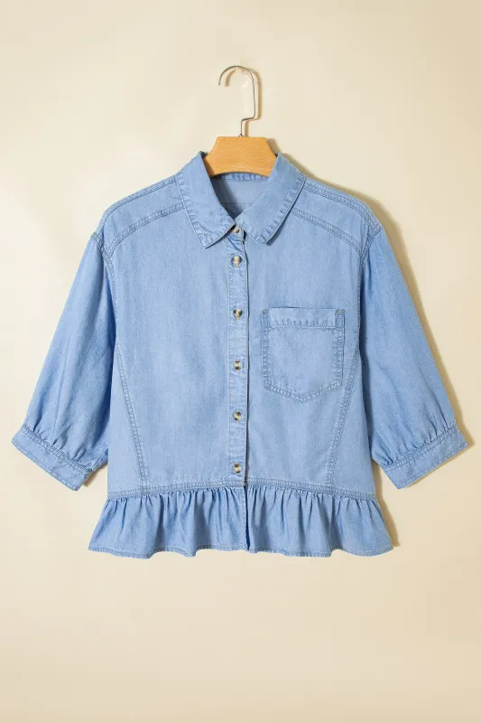 Half Sleeve Button Down Ruffled High Low Chambray Shirt made by Beagle Boutique