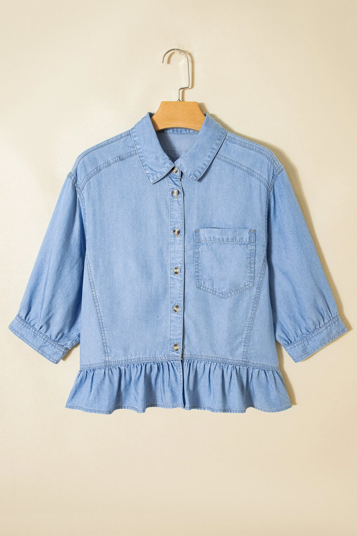 Half Sleeve Button Down Ruffled High Low Chambray Shirt sold by Beagle Boutique