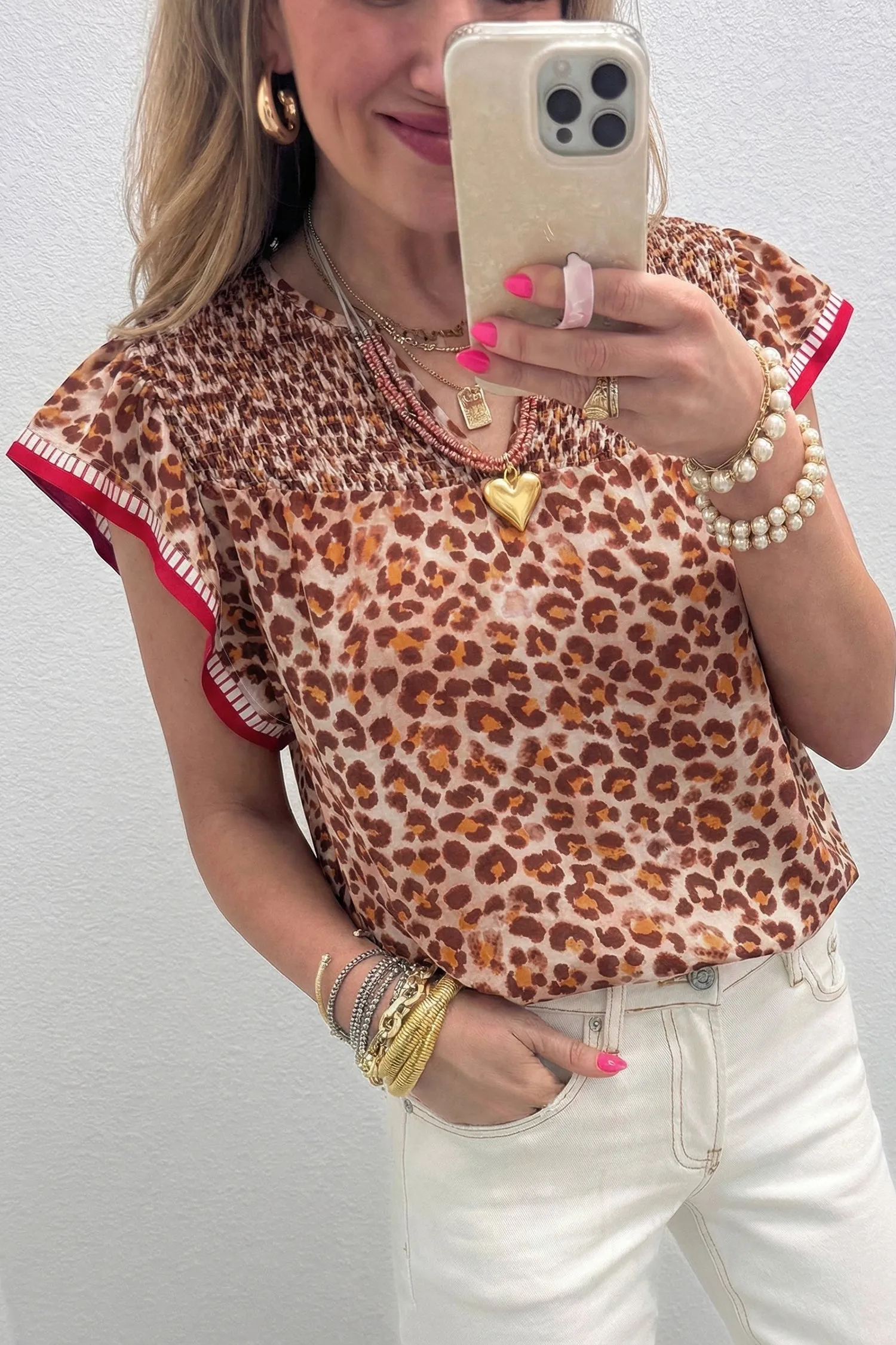 Contrast Trim Ruffled Short Sleeve Leopard Blouse sold by Beagle Boutique