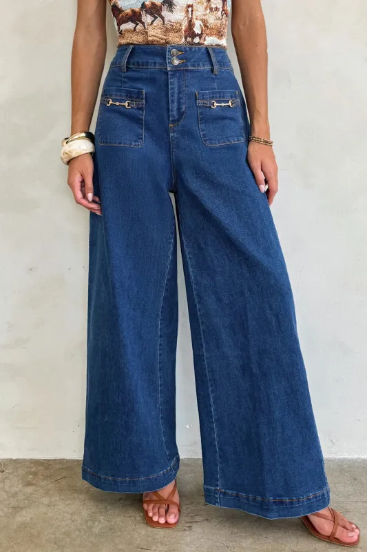 Decor Patched Pockets Wide Leg Jeans sold by Beagle Boutique