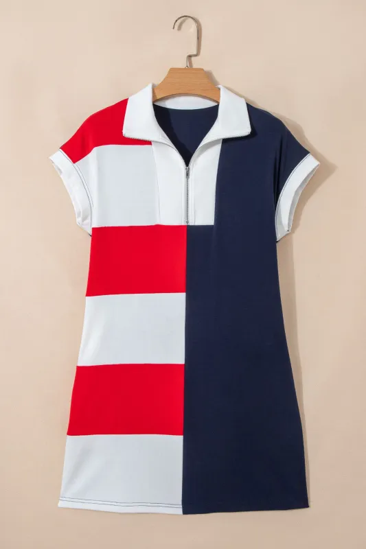 Navy Blue Americana Colourblock Stripes Zip-up Collared T-Shirt Mini Dress sold by Beagle Boutique