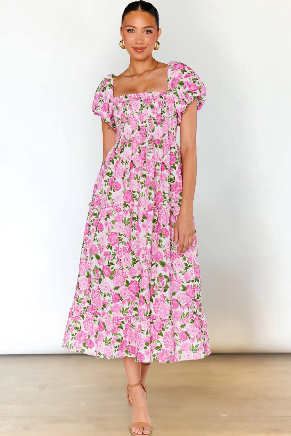 Pink Floral Smocked Puff Sleeve Flowy Midi Dress sold by Beagle Boutique product image thumbnail 4