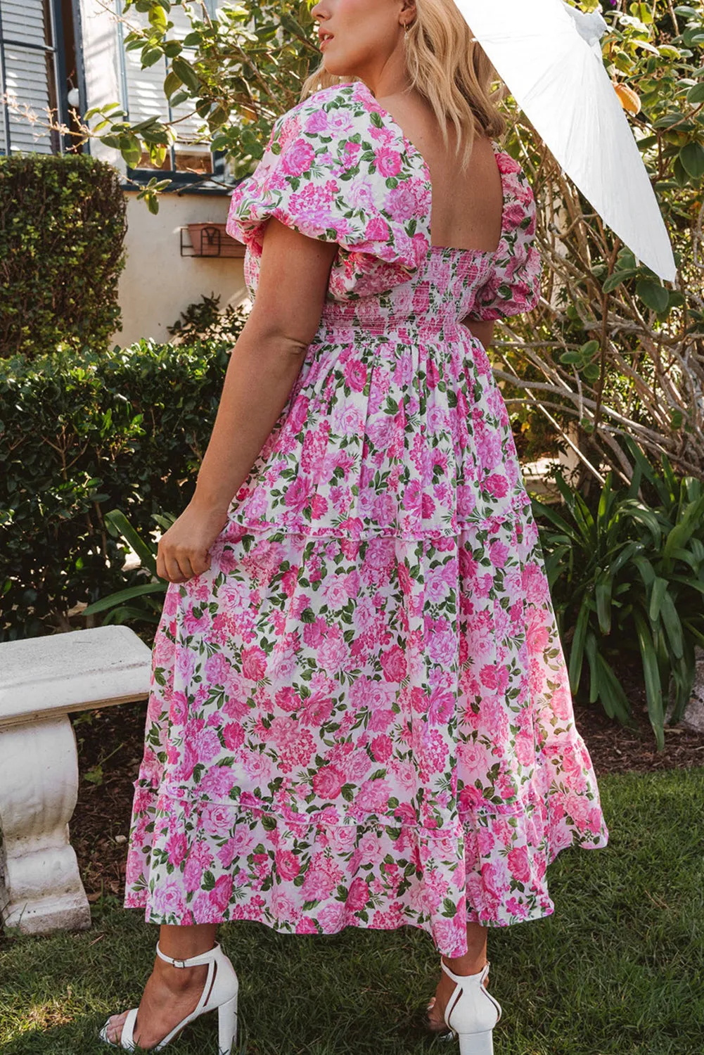 Pink Floral Smocked Puff Sleeve Flowy Midi Dress sold by Beagle Boutique product image thumbnail 5