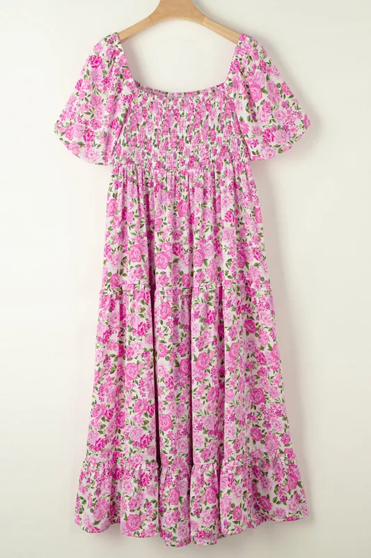 Pink Floral Smocked Puff Sleeve Flowy Midi Dress sold by Beagle Boutique