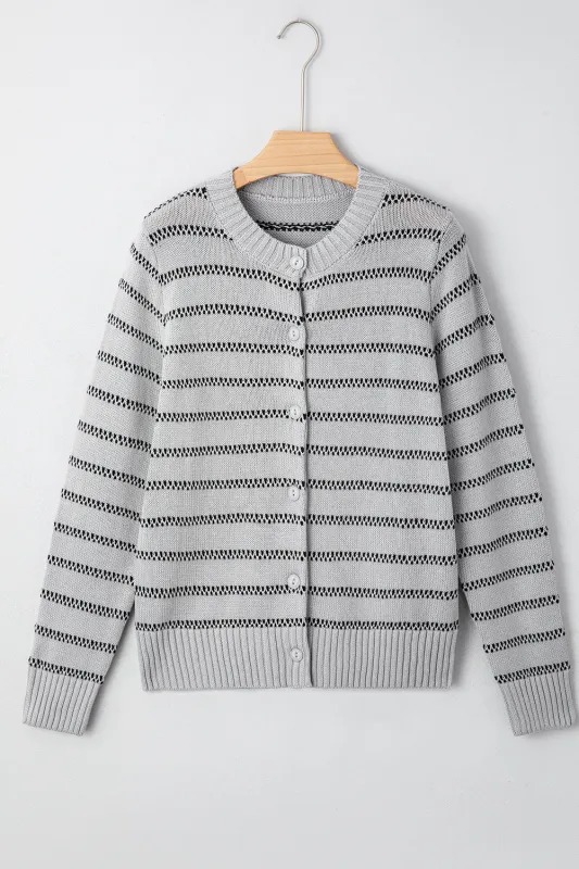 Grey Stripe Button Front Ribbed Trim Short Cardigan sold by Beagle Boutique