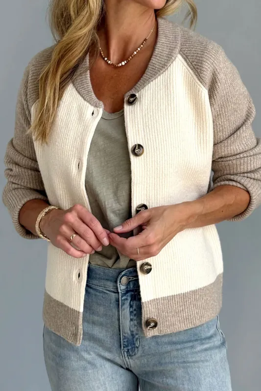 White Colorblock Button Front Casual Cardigan made by Beagle Boutique