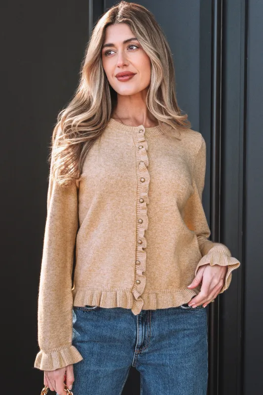 Oatmeal Ruffle Trim Gold Button Sweater Cardigan made by Beagle Boutique
