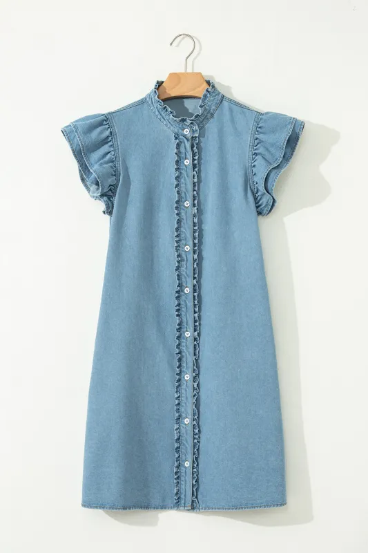 Frilled Detail Button Down Ruffle Short Sleeve Denim Mini Dress sold by Beagle Boutique