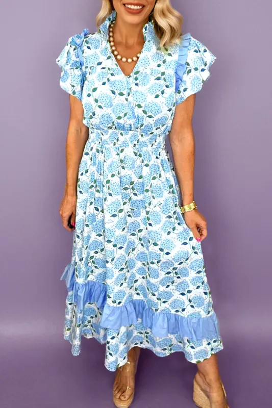 Hydrangea Floral Print Ruffle Trim Flutter Sleeve Long Dress sold by Beagle Boutique