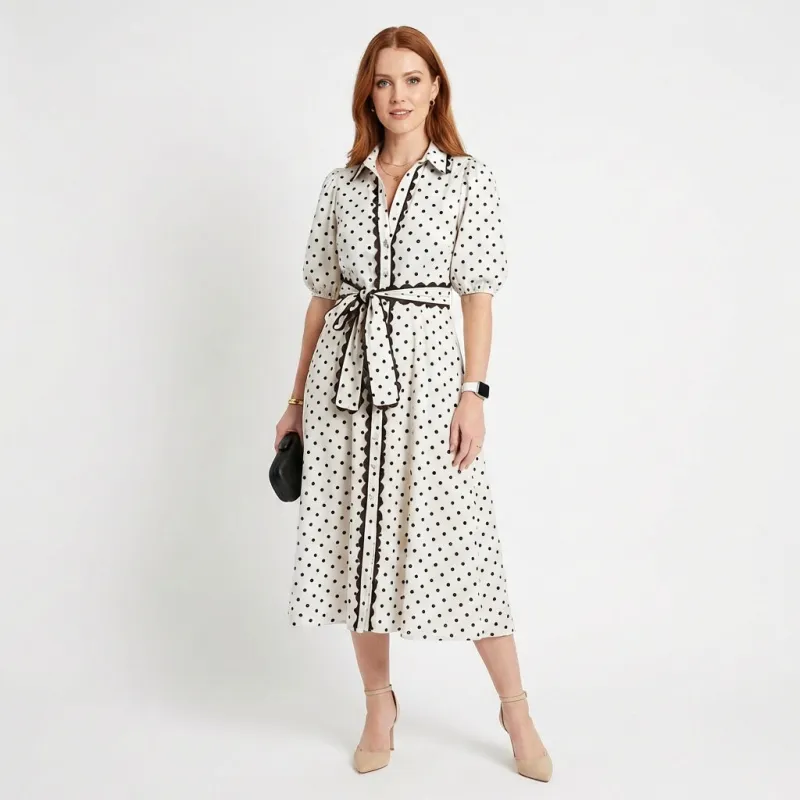Polka Dot Printed Contrast Scalloped Trim Shirt Collar Button Down Belted Midi Dress made by eAura