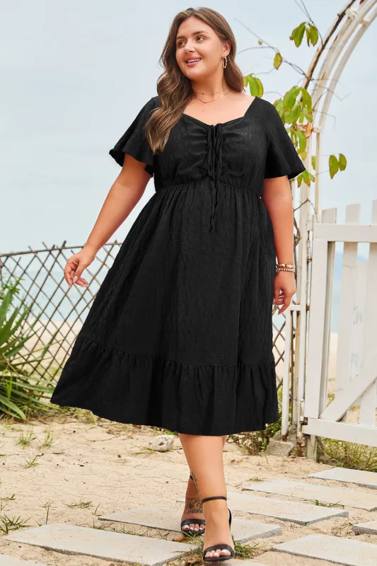 Plus Size Short Sleeve Lace-up High Waist Midi Dress sold by Beagle Boutique