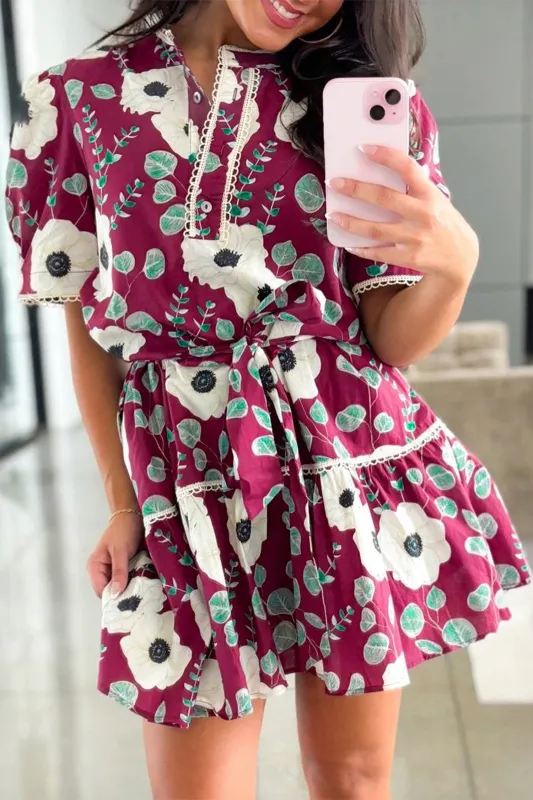 Floral Print Trimmed Short Puff Sleeve Mini Dress with Belt sold by Beagle Boutique