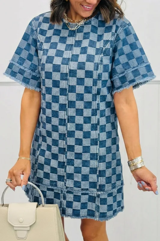 rayed Hem Checkered Denim Mini Dress made by Beagle Boutique