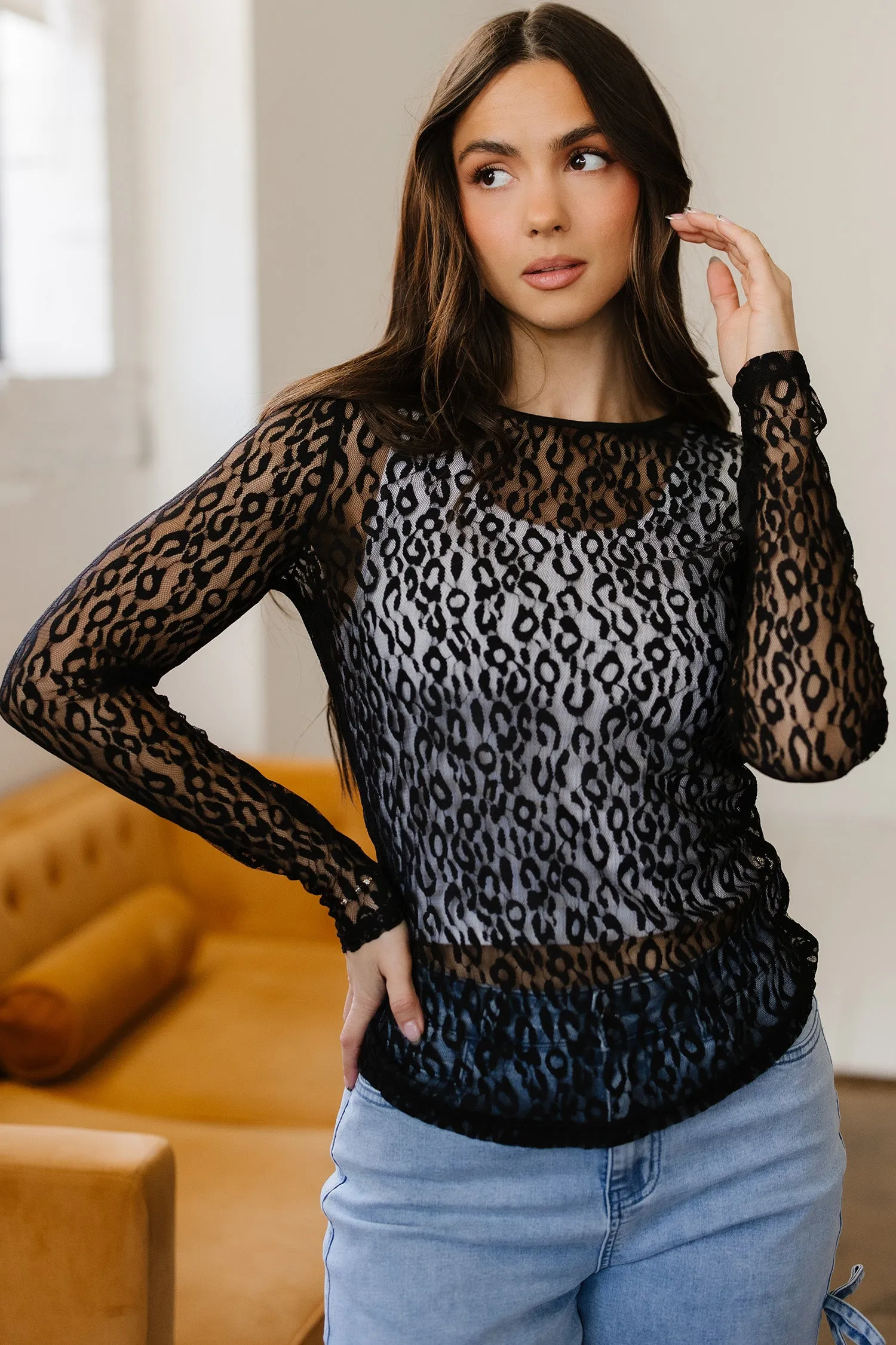 Black Leopard Pattern Sheer Mesh Long Sleeve Top sold by Beagle Boutique product image thumbnail 4