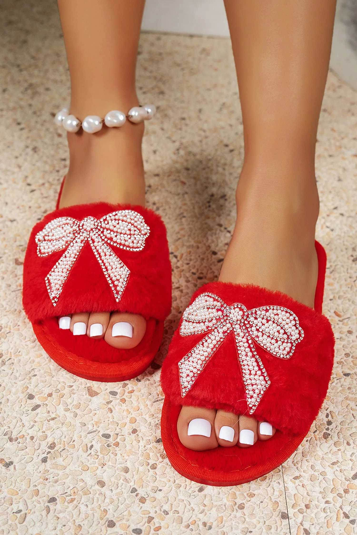 Red Pearl Rhinestone Embellished Bow Open Toe Plush Slippers sold by Beagle Boutique product image thumbnail 2