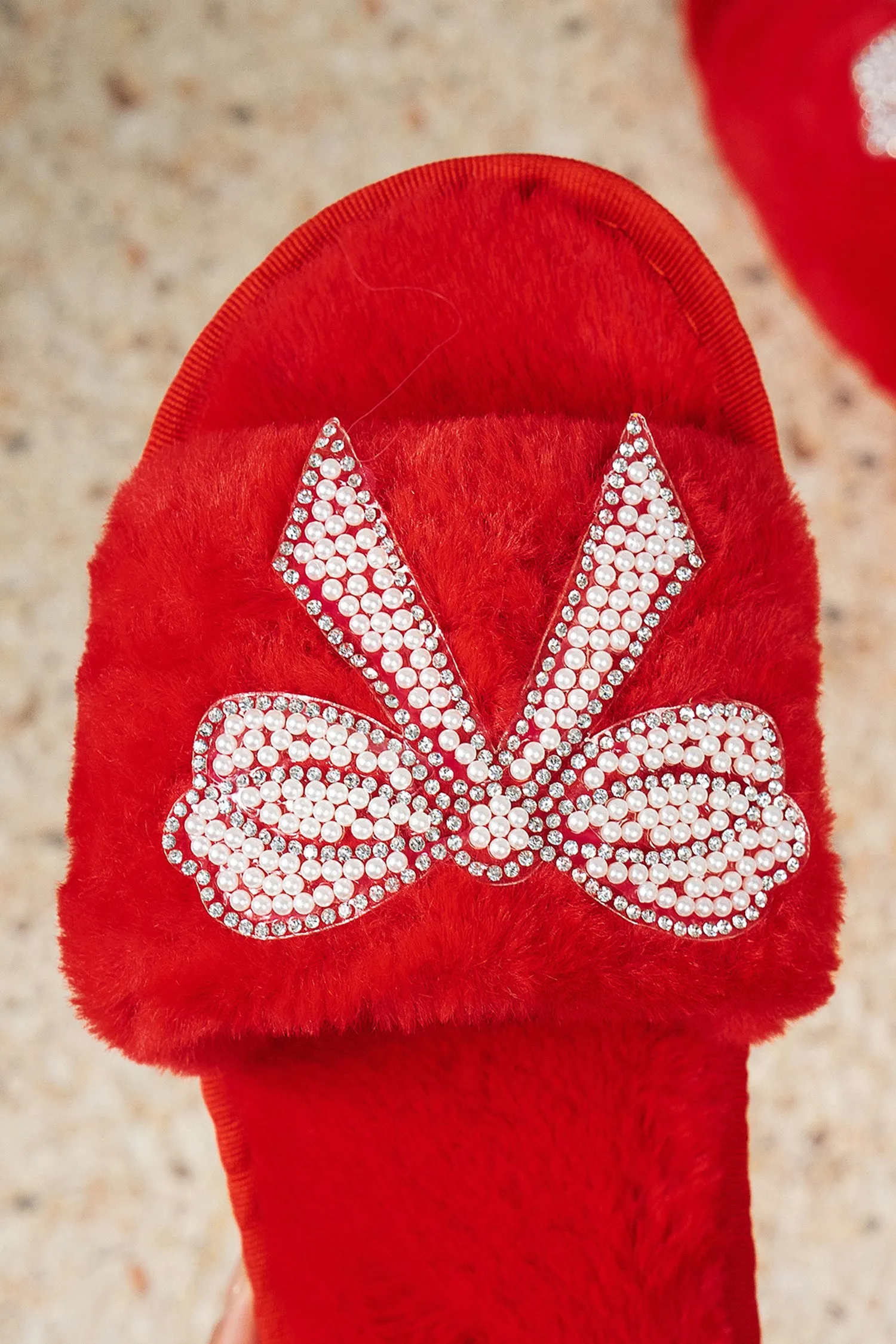 Red Pearl Rhinestone Embellished Bow Open Toe Plush Slippers sold by Beagle Boutique product image thumbnail 5