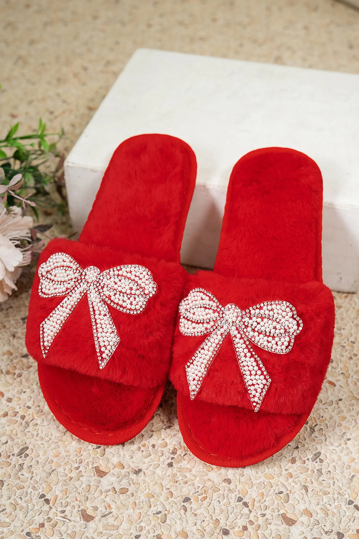 Red Pearl Rhinestone Embellished Bow Open Toe Plush Slippers sold by Beagle Boutique product image thumbnail 4