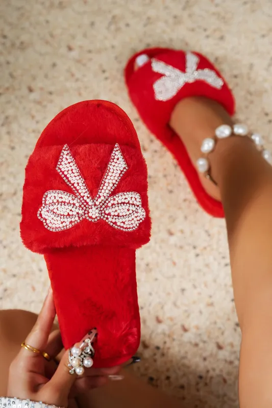 Red Pearl Rhinestone Embellished Bow Open Toe Plush Slippers made by Beagle Boutique