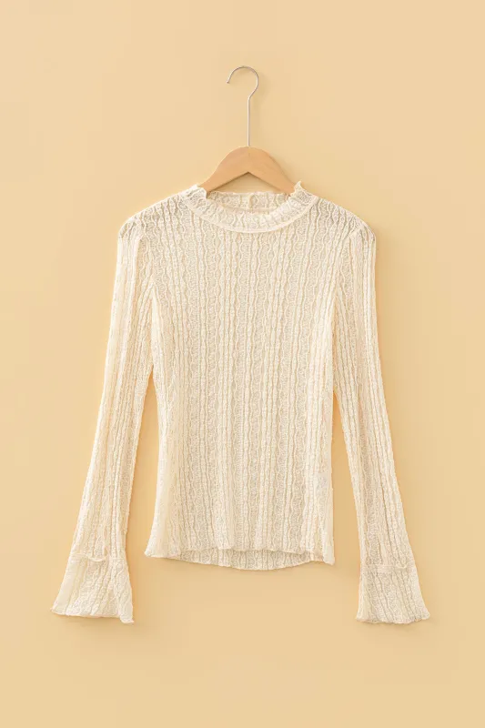 Flounced Long Sleeve Mock Neck Sheer Lace Top made by Beagle Boutique