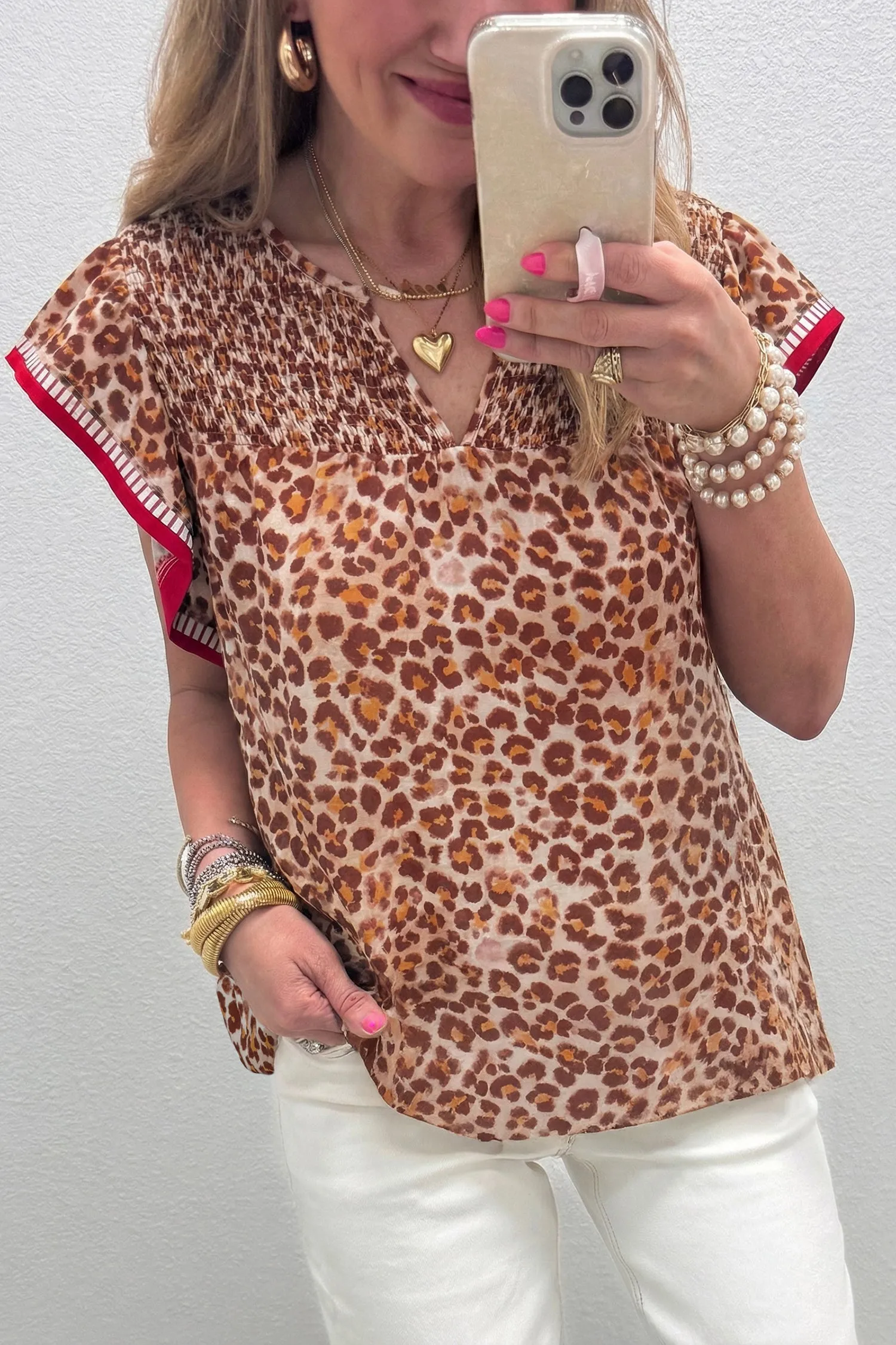 Contrast Trim Ruffled Short Sleeve Leopard Blouse DL sold by Beagle Boutique product image thumbnail 2