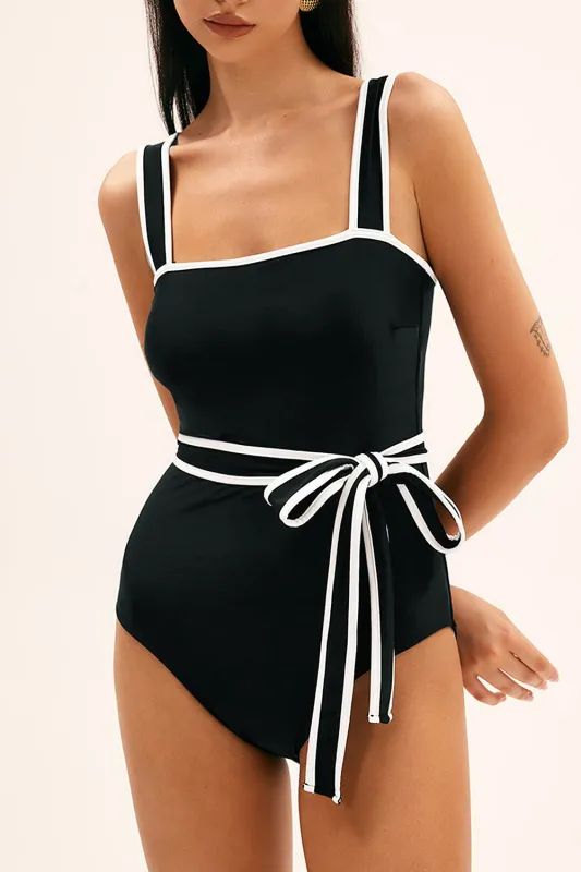 Black Contrast Edge Belted One Piece Swimsuit made by Beagle Boutique